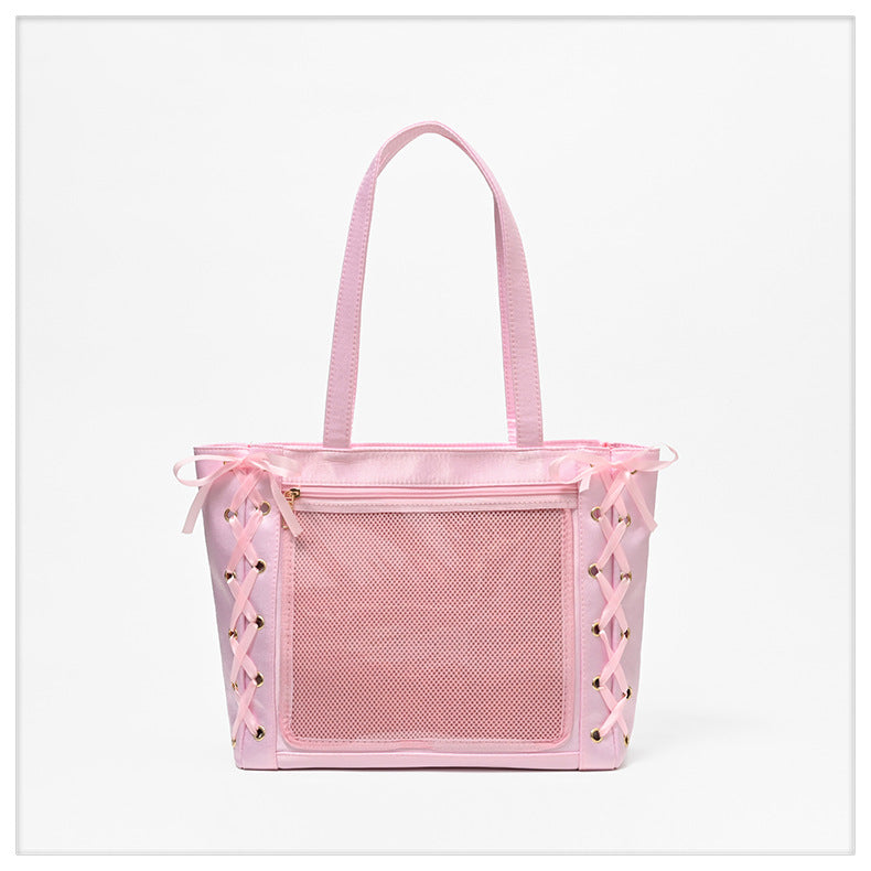 Ita Shoulder Bag Shiny Nylon Tote Ita Bags with Ribbon