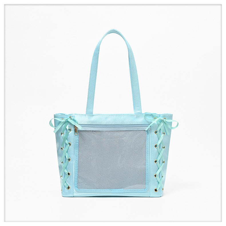 Ita Shoulder Bag Shiny Nylon Tote Ita Bags with Ribbon