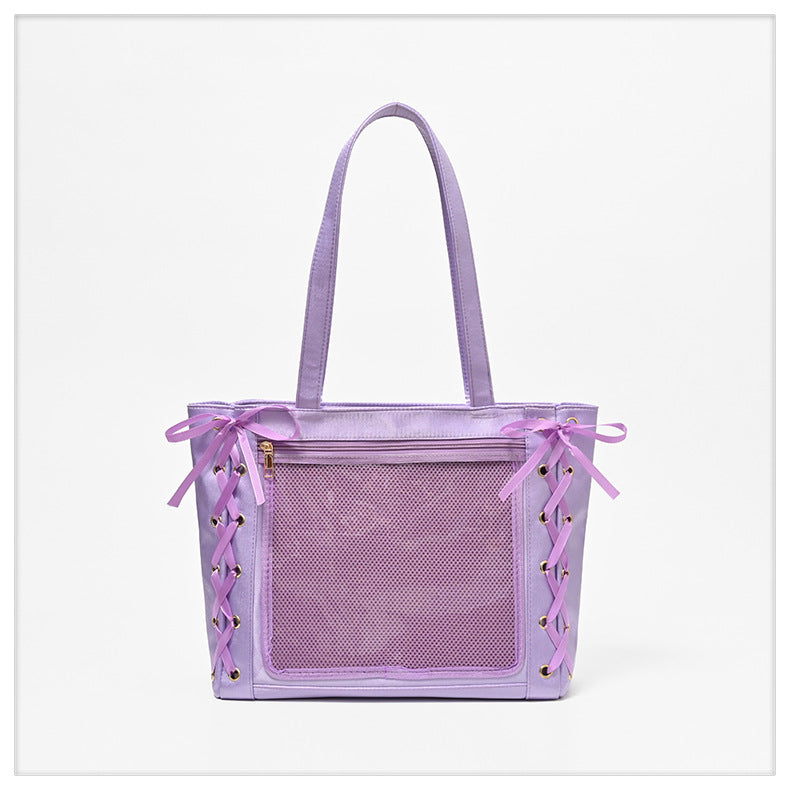 Ita Shoulder Bag Shiny Nylon Tote Ita Bags with Ribbon